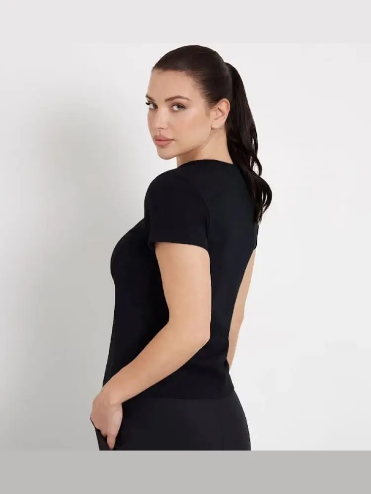 tshirt nera donna in cotone logo sul petto miniatura 2