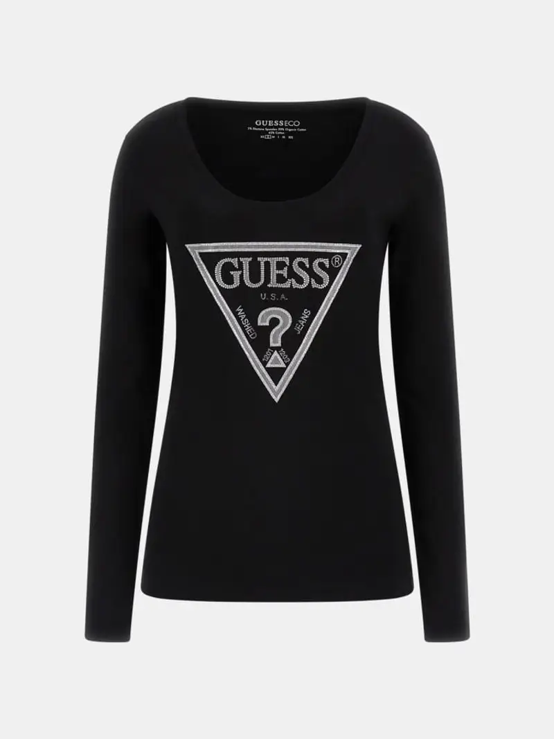 Guess tshirt nera donna in cotone manica lunga logo con strass sul davanti