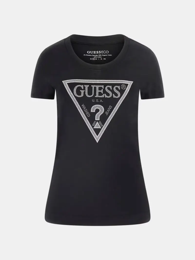 Guess tshirt nera donna in cotone maxi logo sul davanti con strass