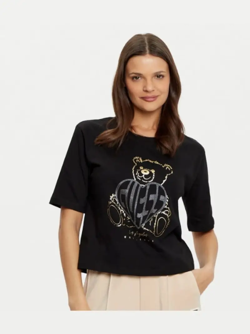 Guess tshirt nera donna in cotone stampa logo sul davanti
