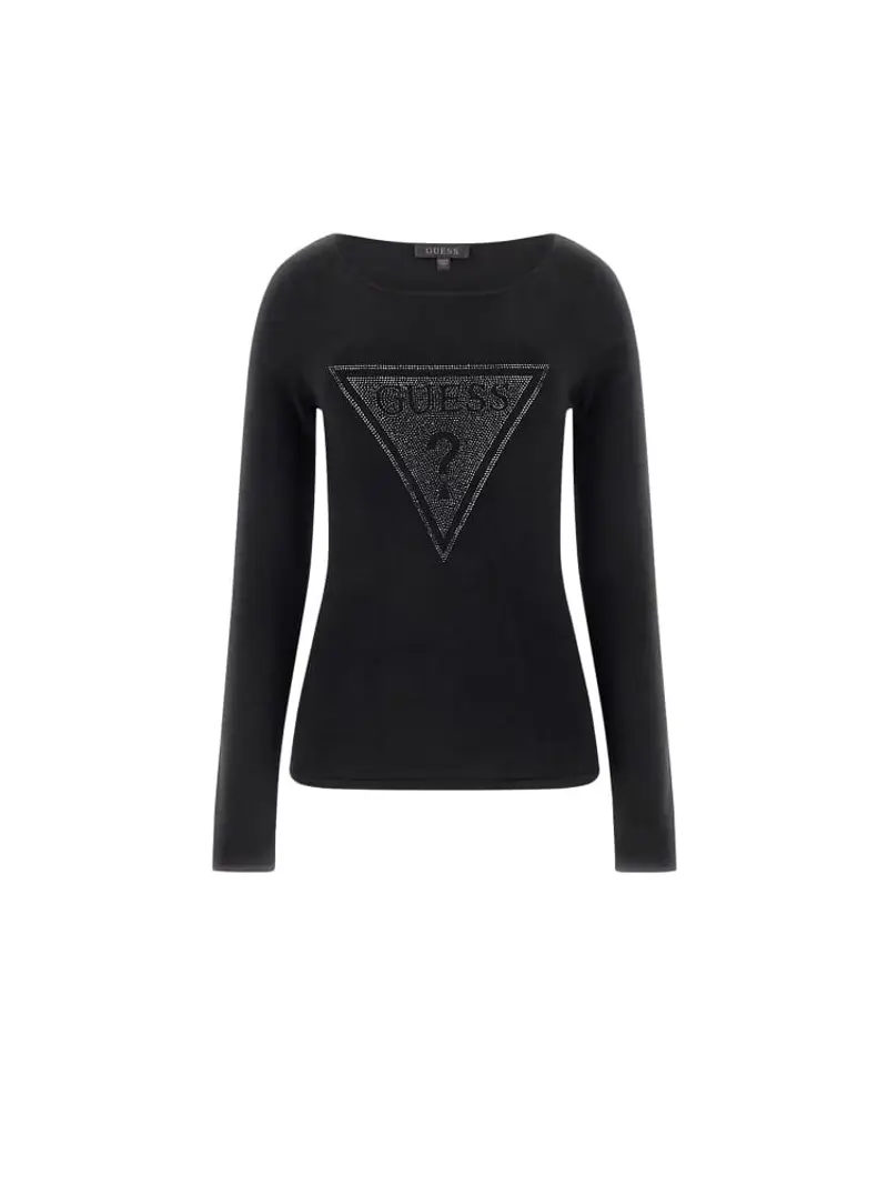 Guess tshirt nera donna in misto viscosa manica lunga maxi logo con strass sul davanti
