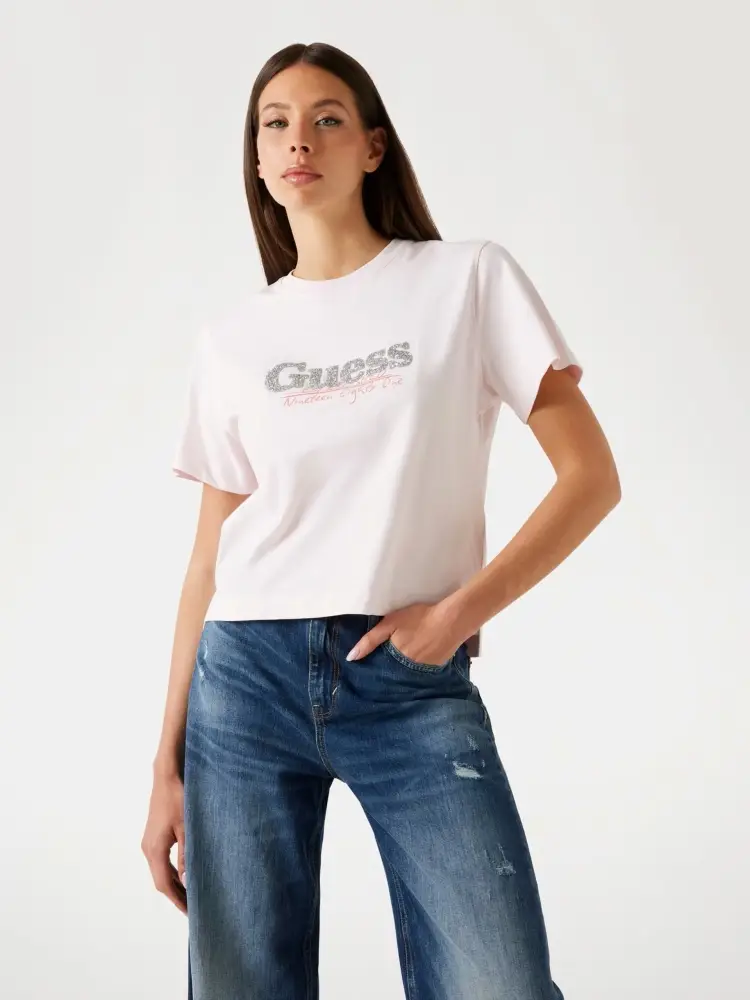 tshirt rosa donna in cotone logo con glitter sul davanti
