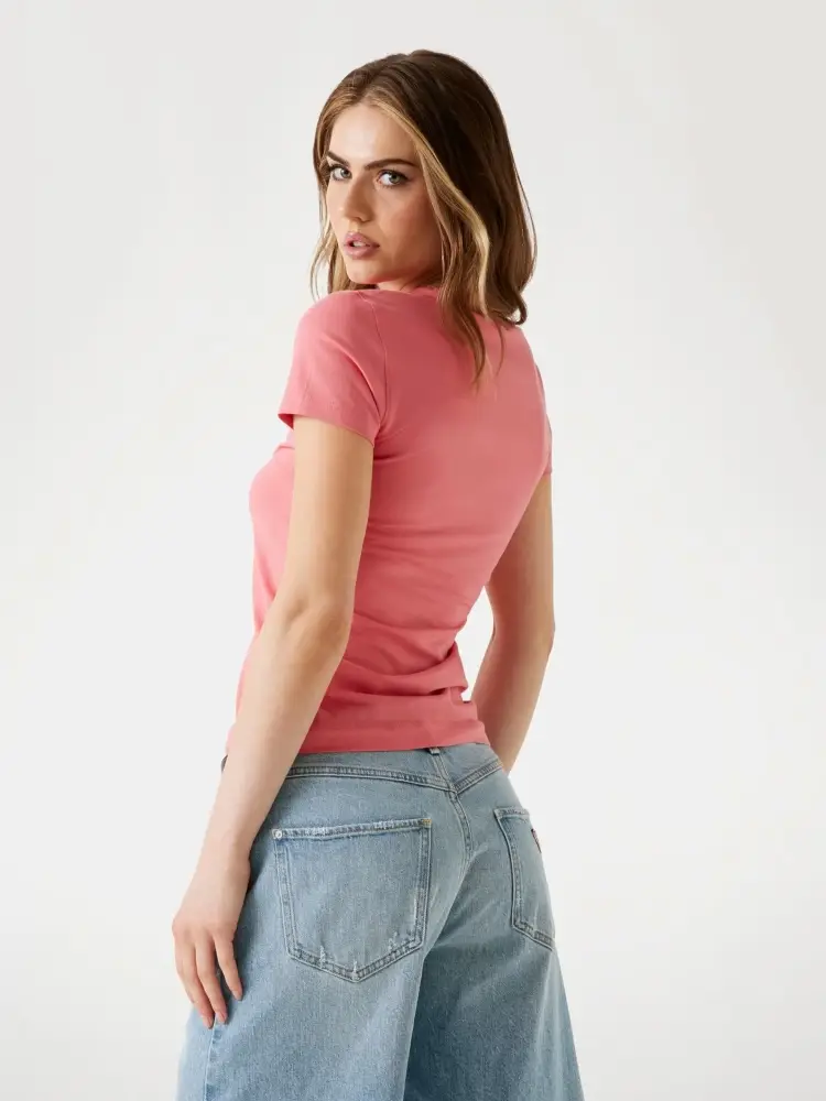 tshirt rosa donna in cotone logo con strass miniatura 2