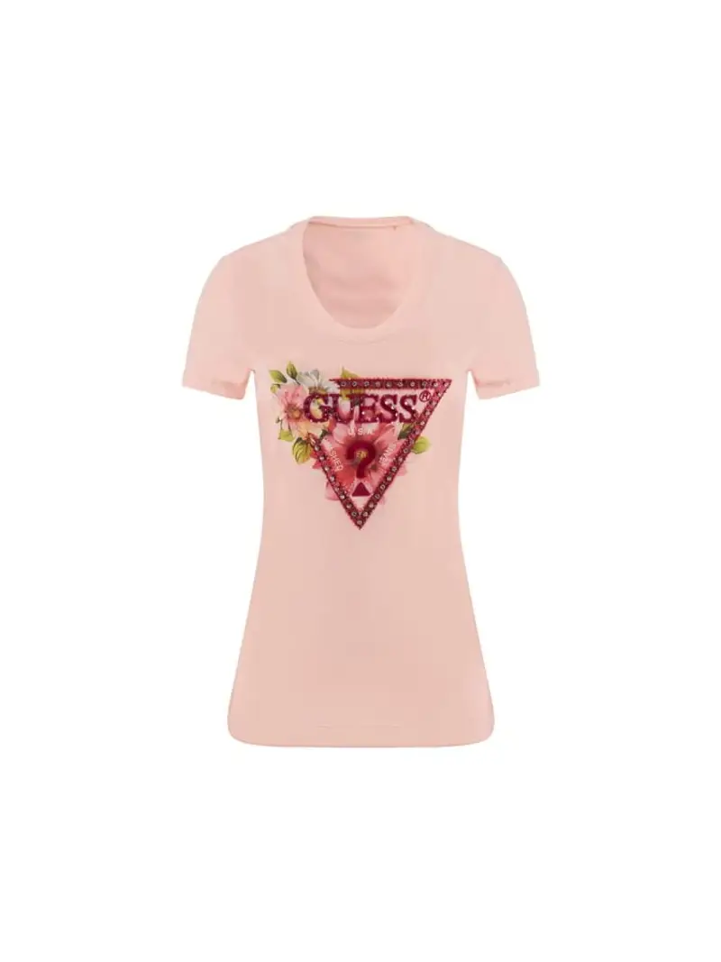 Guess tshirt rosa donna in cotone maxi logo floreale sul davanti