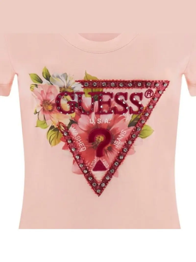 Guess tshirt rosa donna in cotone maxi logo floreale sul davanti miniatura 3