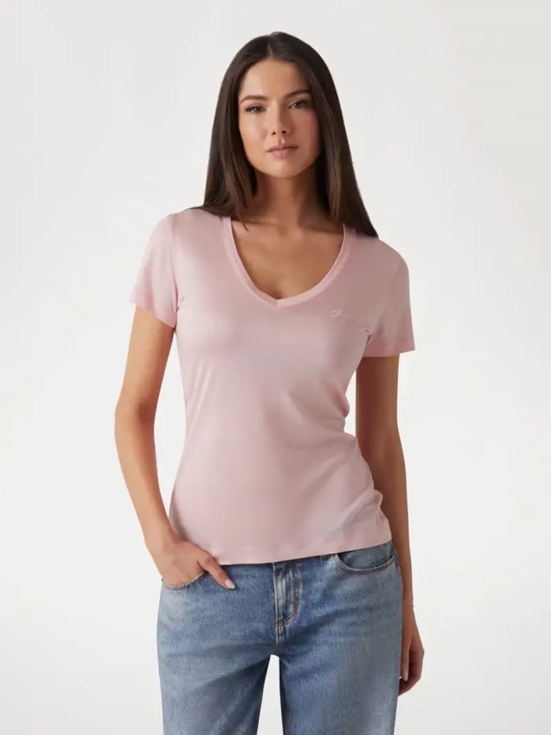 Guess tshirt rosa donna in cotone scollo v mini logo sul petto