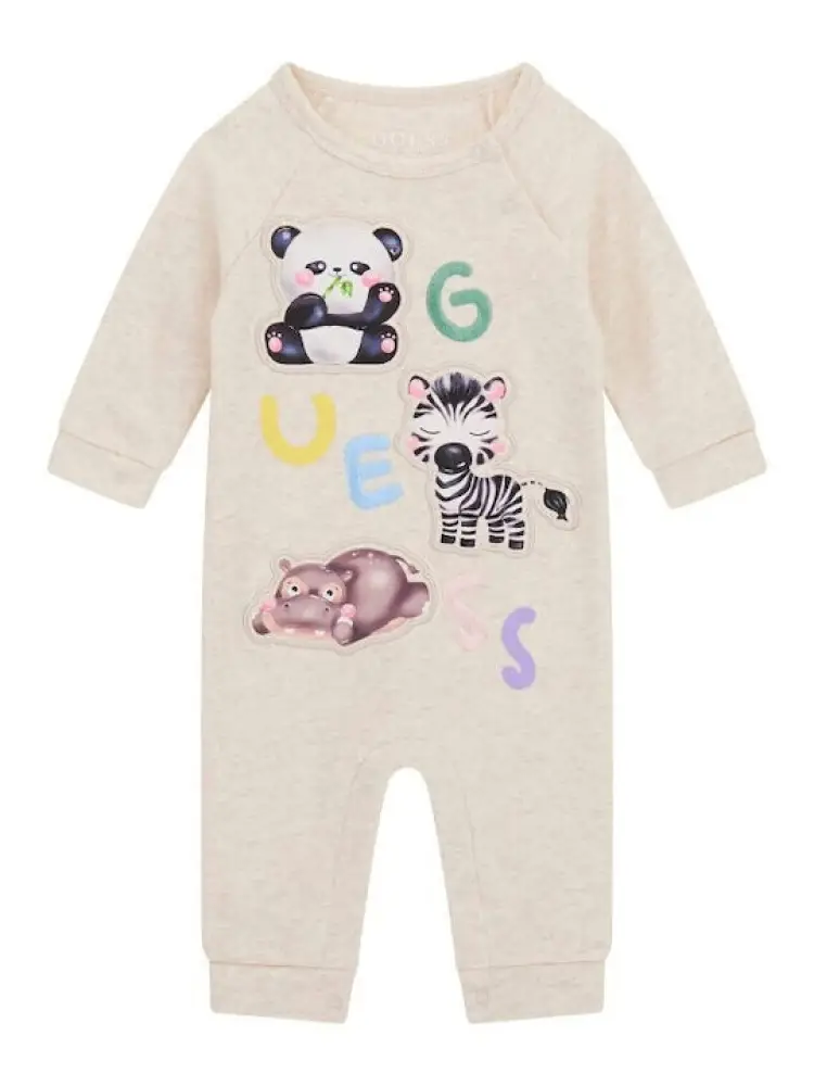 tuta beige neonato intera in cotone motivo animalier logo sul davanti