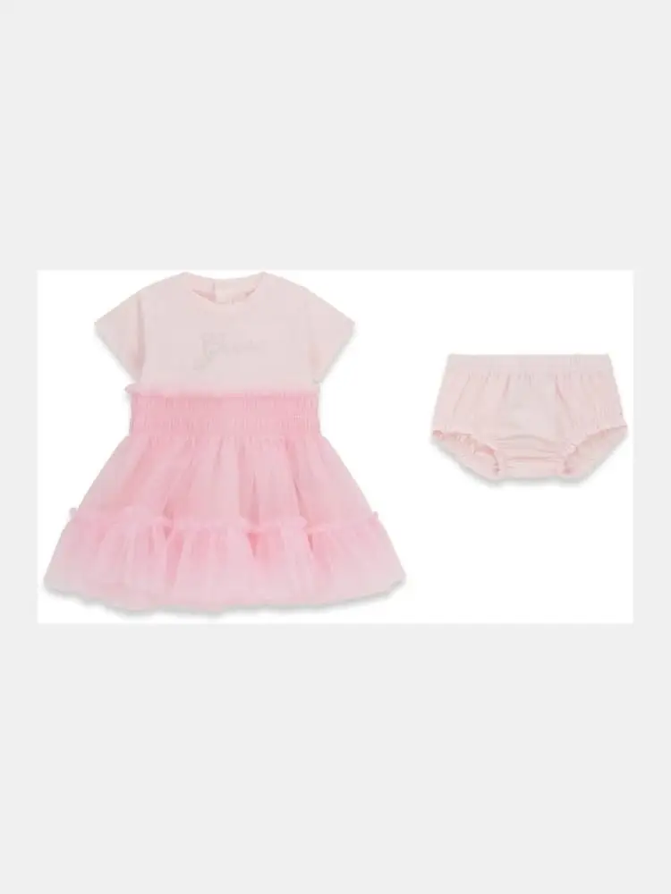 vestitino infant in cotone e toulle rosa e bianco con logo strass