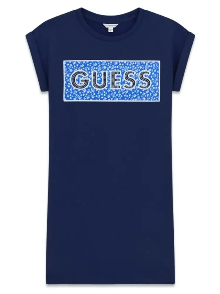 vestito kids/junior blu con maniche corte e patch logo con strass