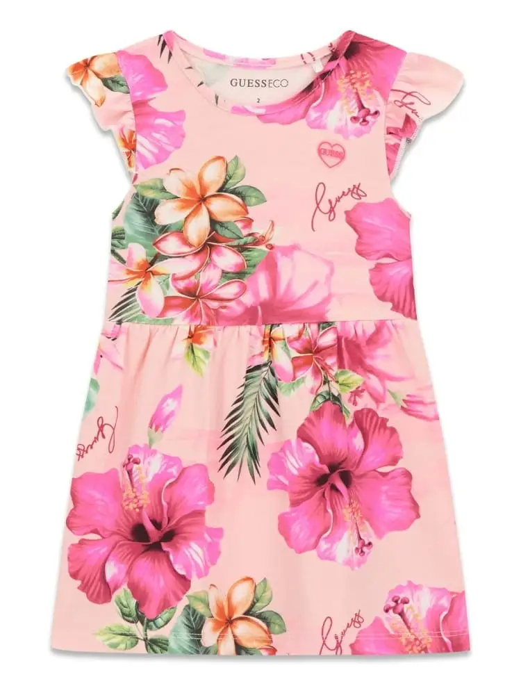 vestito kids rosa con motivo floreale e maniche a volant