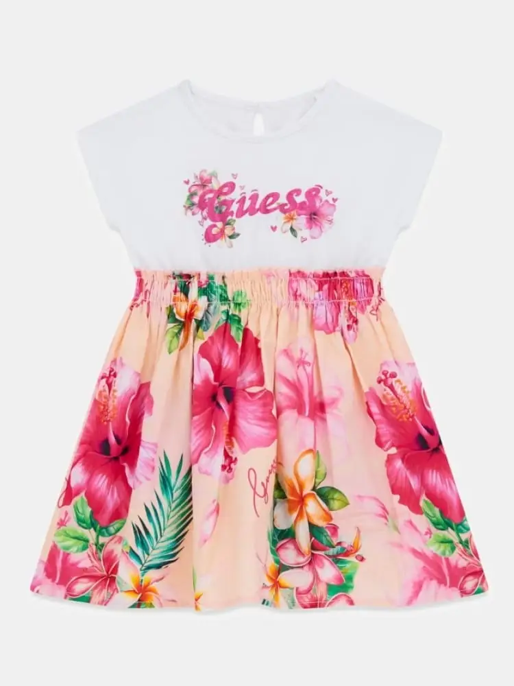 vestito kids top bianco con logo e gonna floreale