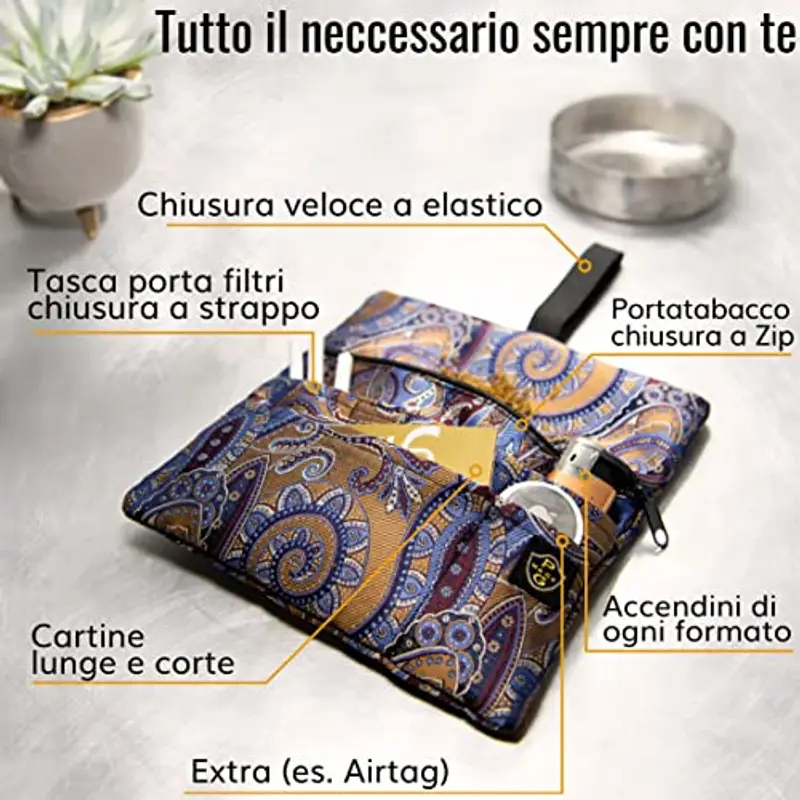 GUGGIARI® Porta Tabacco Cartine e Filtri - Astuccio Portatabacco in Tessuto Realizzato a Mano - Porta Tabacco Donna/Uomo (Bohemian - Tobacco) miniatura 2