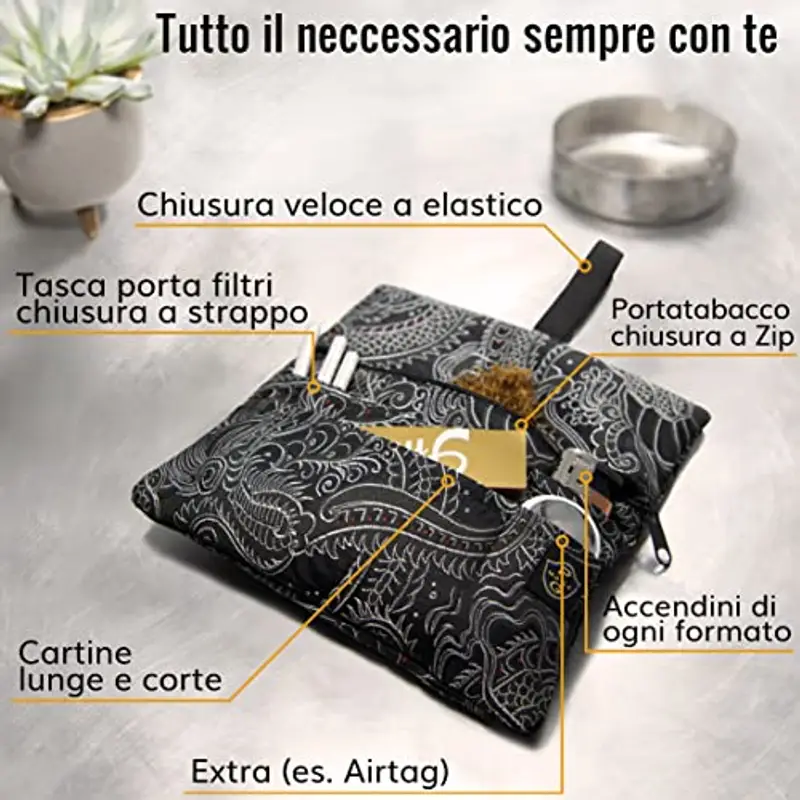 GUGGIARI® Porta Tabacco Cartine e Filtri - Astuccio Portatabacco in Tessuto Realizzato a Mano - Porta Tabacco Donna/Uomo (Chinese Dragon - Black) miniatura 2