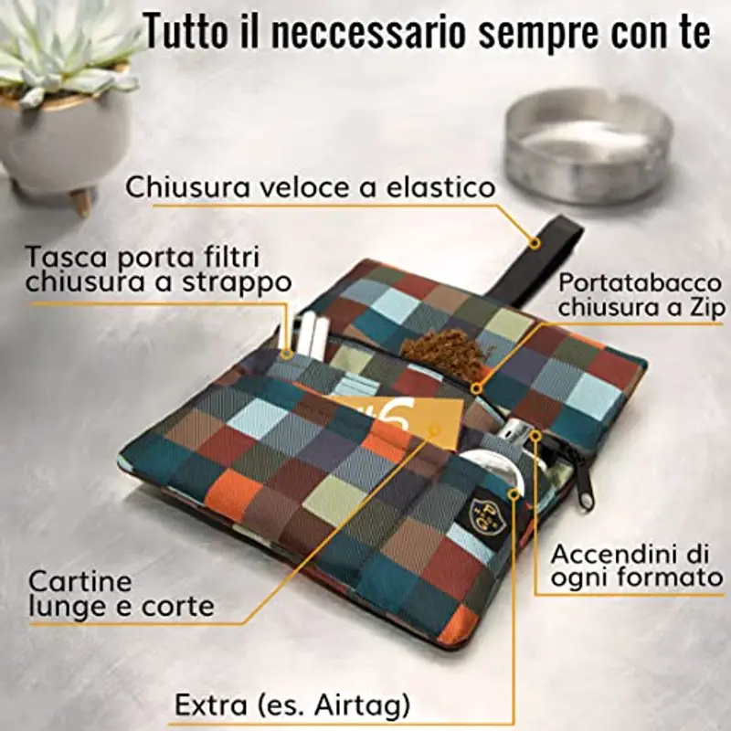 GUGGIARI® Porta Tabacco Cartine e Filtri - Astuccio Portatabacco in Tessuto Realizzato a Mano - Porta Tabacco Donna/Uomo (Multicheck) miniatura 2