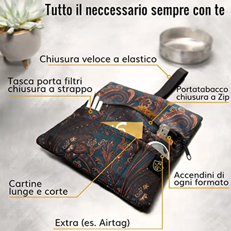 GUGGIARI® Porta Tabacco Cartine e Filtri - Astuccio Portatabacco in Tessuto Realizzato a Mano - Porta Tabacco Donna/Uomo (Paisley - Green) miniatura 2
