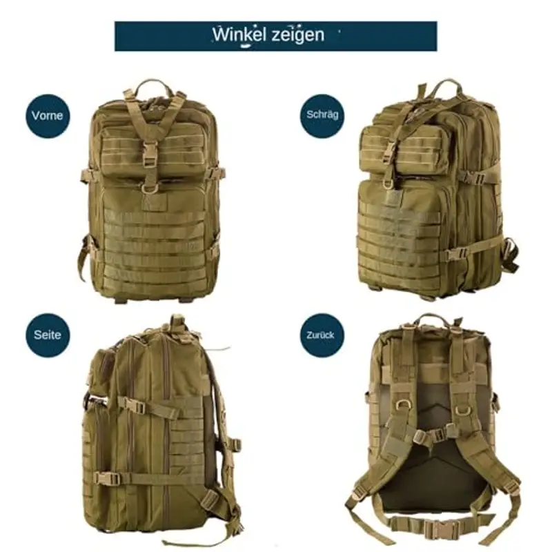 GUJOIN Zaino Tattico 50L Impermeabile, Nylon Resistente per Pesca, Caccia, Escursionismo, Campeggio Militare (Cachi) miniatura 3