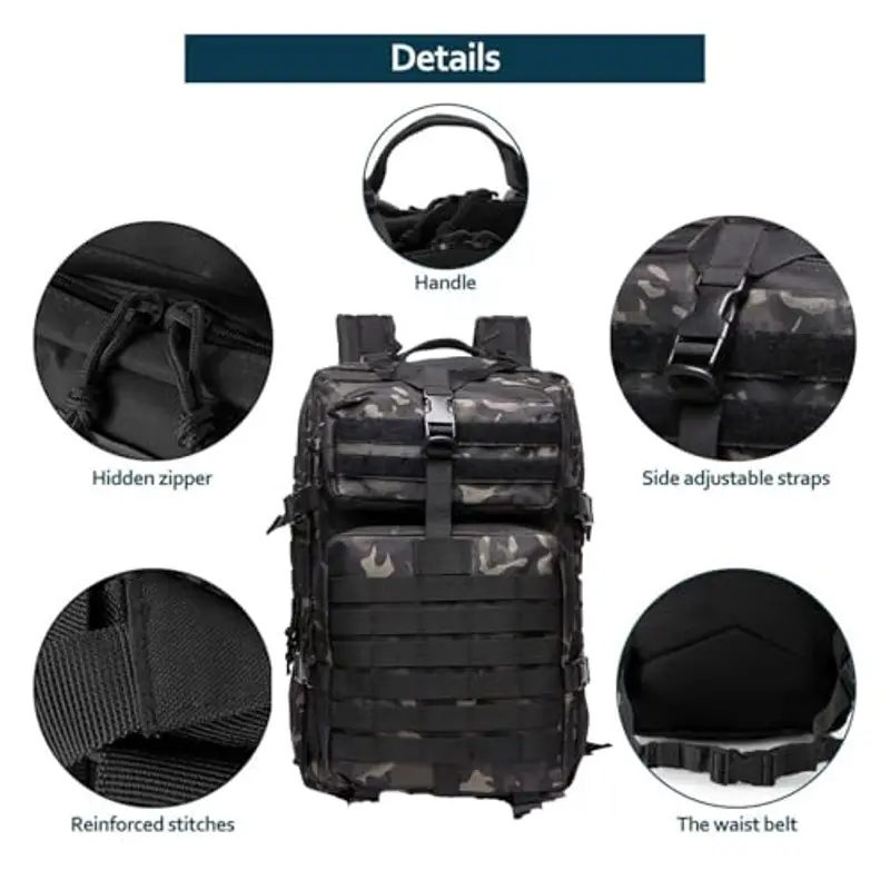 GUJOIN Zaino Tattico 50L Impermeabile, Nylon Resistente per Pesca, Caccia, Escursionismo, Campeggio Militare (Mimetico nero) miniatura 2