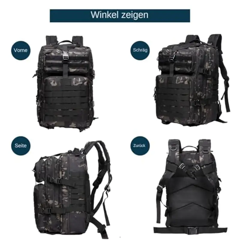 GUJOIN Zaino Tattico 50L Impermeabile, Nylon Resistente per Pesca, Caccia, Escursionismo, Campeggio Militare (Mimetico nero) miniatura 3
