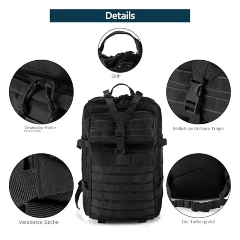 GUJOIN Zaino Tattico 50L Impermeabile, Nylon Resistente per Pesca, Caccia, Escursionismo, Campeggio Militare (Nero) miniatura 2