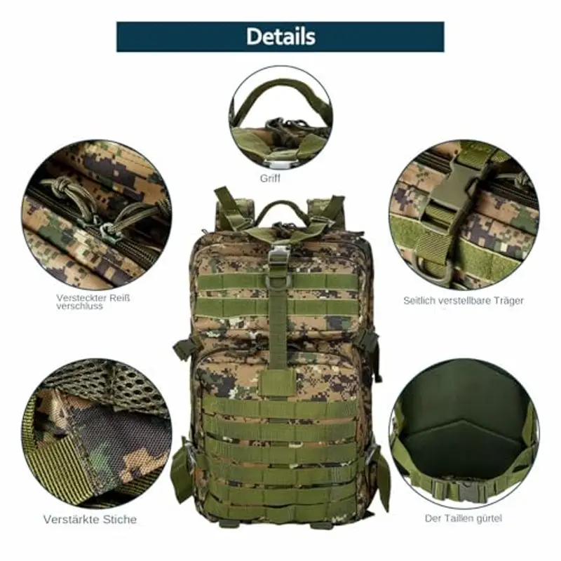 GUJOIN Zaino Tattico 50L Impermeabile, Nylon Resistente per Pesca, Caccia, Escursionismo, Campeggio Militare (Verde mimetico) miniatura 2