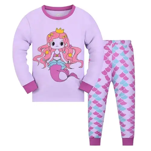 Gumyoss Pigiama per Bambine Sirena Set Pigiama per Bambini Cotone Maniche Lunghe Inverno Sirena 2 Pezzi 6 Anni