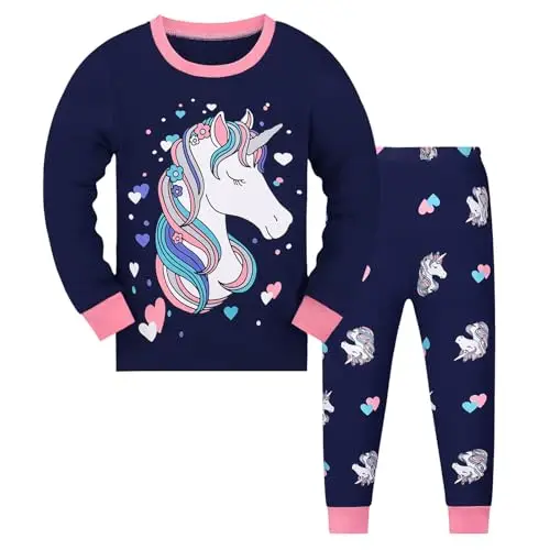 Gumyoss Pigiama per Bambine Unicorno Set Pigiama per Bambini Cotone Maniche Lunghe Inverno Blu Navy Unicorno 2 Pezzi 8