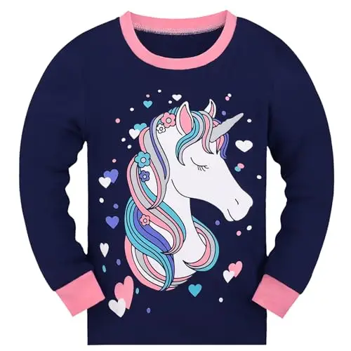 Gumyoss Pigiama per Bambine Unicorno Set Pigiama per Bambini Cotone Maniche Lunghe Inverno Blu Navy Unicorno 2 Pezzi 8 miniatura 2