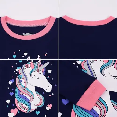 Gumyoss Pigiama per Bambine Unicorno Set Pigiama per Bambini Cotone Maniche Lunghe Inverno Blu Navy Unicorno 2 Pezzi 8 miniatura 3