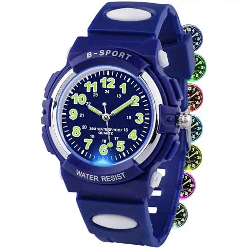 GUUMUXIN Orologio analogico per bambini, con luci colorate, impermeabile fino a 30 m, per ragazzi e ragazze, per sport all'aria aperta, con cinturino in TPU, per bambini dai 5 ai 16 anni, Blu, Moderno