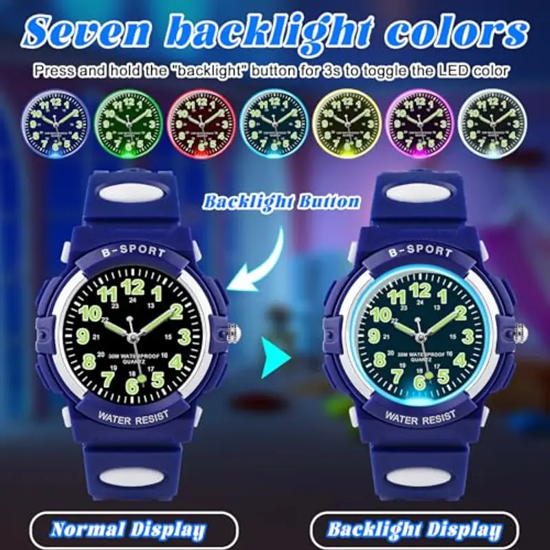 GUUMUXIN Orologio analogico per bambini, con luci colorate, impermeabile fino a 30 m, per ragazzi e ragazze, per sport all'aria aperta, con cinturino in TPU, per bambini dai 5 ai 16 anni, Blu, Moderno miniatura 2