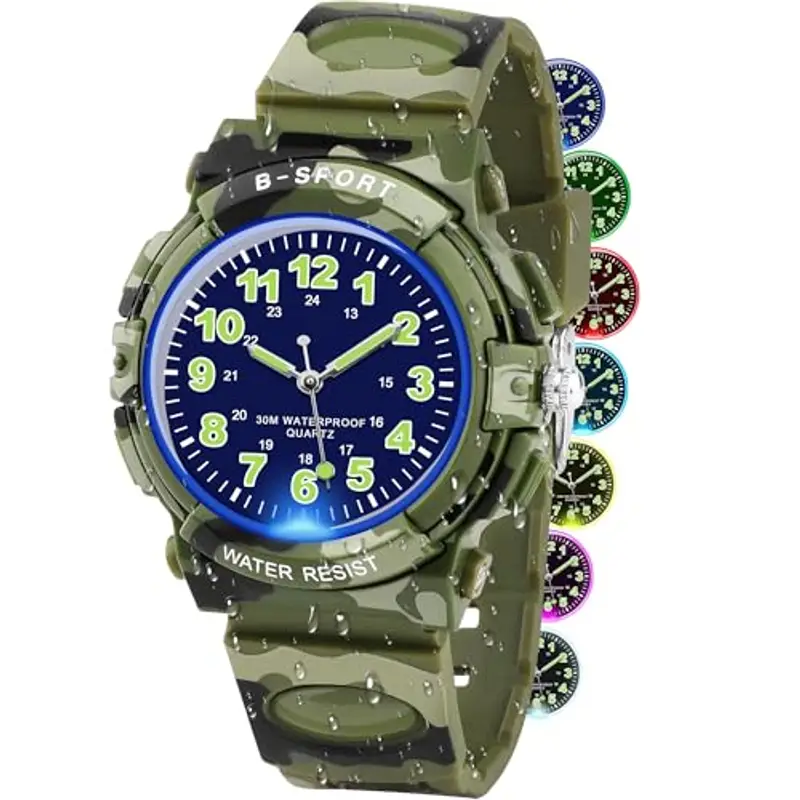 GUUMUXIN Orologio analogico per bambini, con luci colorate, impermeabile fino a 30 m, per ragazzi e ragazze, per sport all'aria aperta, con cinturino in TPU, per bambini dai 5 ai 16 anni, Mimetico