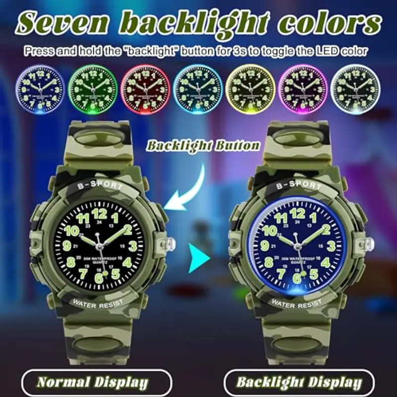 GUUMUXIN Orologio analogico per bambini, con luci colorate, impermeabile fino a 30 m, per ragazzi e ragazze, per sport all'aria aperta, con cinturino in TPU, per bambini dai 5 ai 16 anni, Mimetico miniatura 2