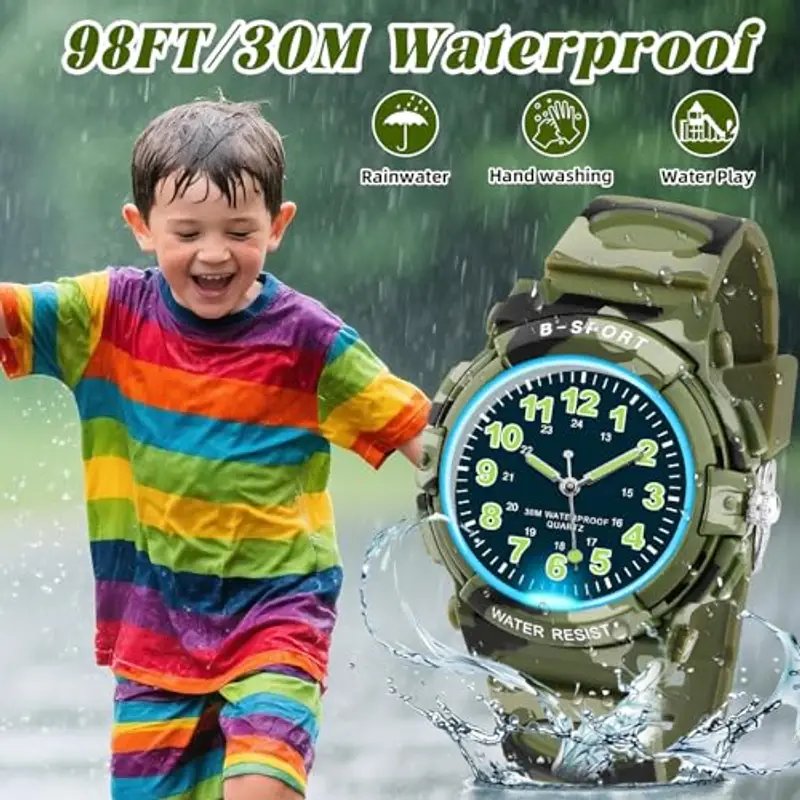 GUUMUXIN Orologio analogico per bambini, con luci colorate, impermeabile fino a 30 m, per ragazzi e ragazze, per sport all'aria aperta, con cinturino in TPU, per bambini dai 5 ai 16 anni, Mimetico miniatura 3