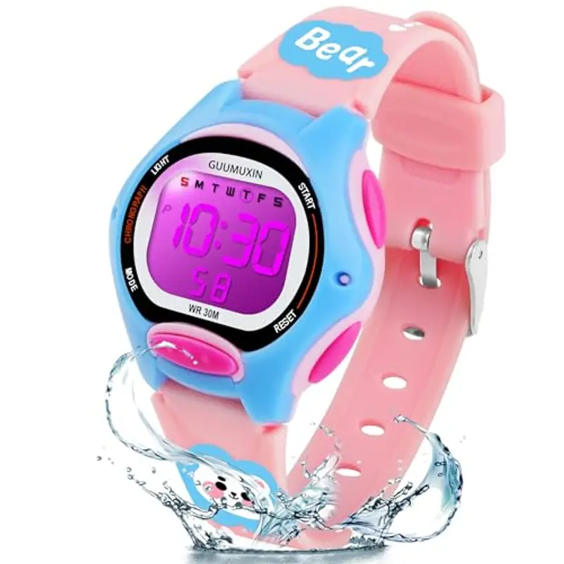 GUUMUXIN Orologio da polso per bambini, con cinturino stampato e 7 luci LED colorate, impermeabile, 30 m, per ragazzi e