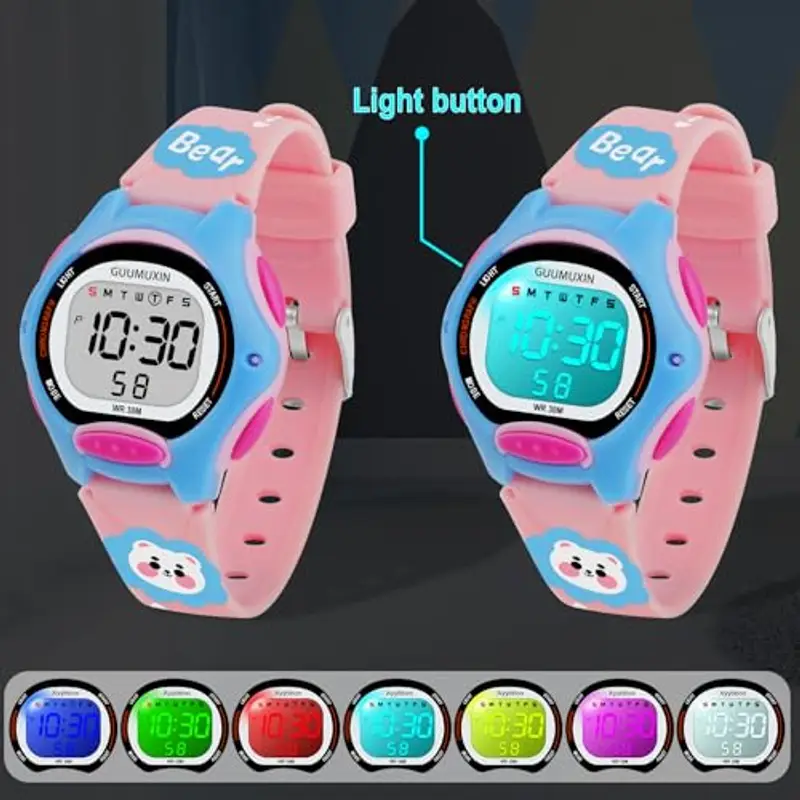 GUUMUXIN Orologio da polso per bambini, con cinturino stampato e 7 luci LED colorate, impermeabile, 30 m, per ragazzi e miniatura 2