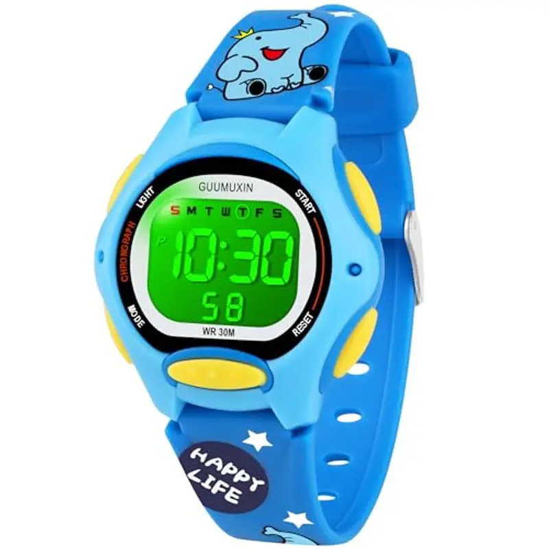 GUUMUXIN Orologio per bambini con cinturino stampato e 7 luci LED colorate, impermeabile fino a 30 m, orologio digitale