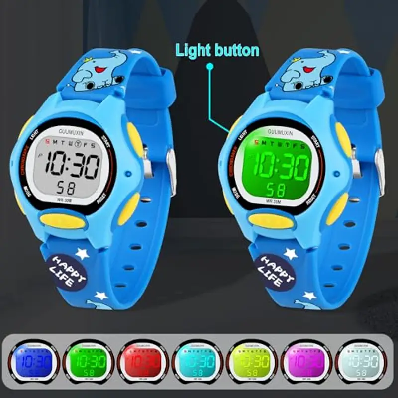 GUUMUXIN Orologio per bambini con cinturino stampato e 7 luci LED colorate, impermeabile fino a 30 m, orologio digitale miniatura 2