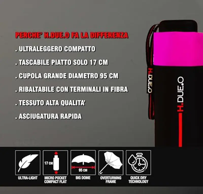 H.DUE.O Ombrello Tascabile [Solo 17 Cm] con Cupola Large. Ombrello Ultra-Leggero da Viaggio, Ombrello Portatile Piccolo miniatura 2