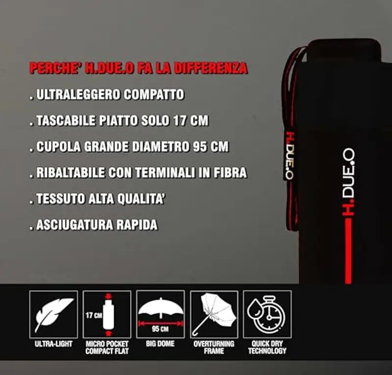 H.DUE.O Ombrello Tascabile [Solo 17 Cm] con Cupola Large. Ombrello Ultra-Leggero da Viaggio, Ombrello Portatile Piccolo Resistente Asciugatura Rapida [TRAVEL] (NERO) miniatura 3