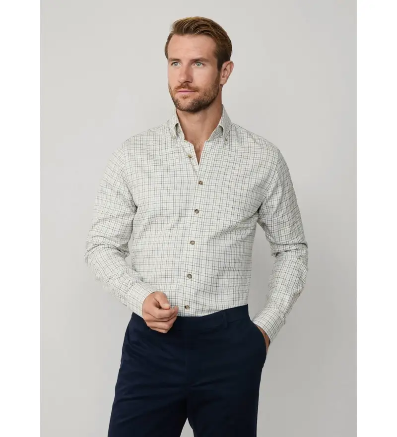 per uomo. HM3010425 Camicia classica in flanella a quadri Tattersall bianca (L), Casual, Verde, Cotone, Classico, Manica lung