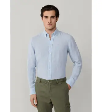 per uomo HM3010635 Camicia in lino tinto azzurro, vestibilità sartoriale (L), Blu, Casual, Manica lunga