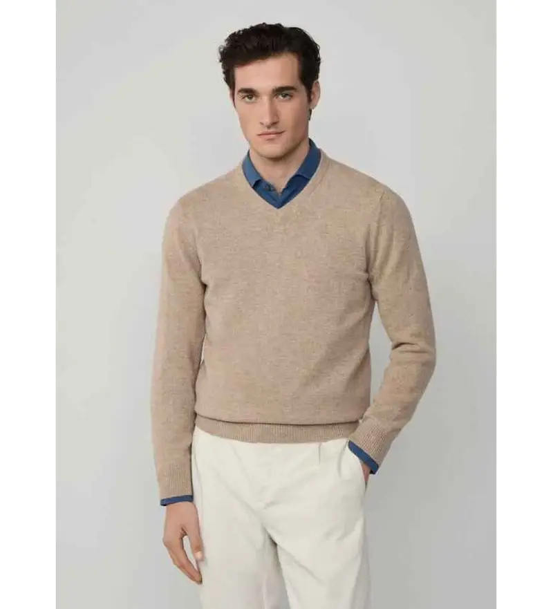 Hackett London Maglione beige in lana per uomo con scollo a V