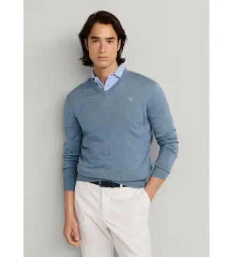 per uomo HM7000118 Maglione con scollo a V in cotone e seta blu (L), Classico, Ecopelle, Manica lunga