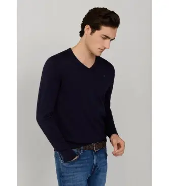 per uomo HM7000118 Maglione con scollo a V in cotone e seta blu navy (L), Casual, Manica lunga