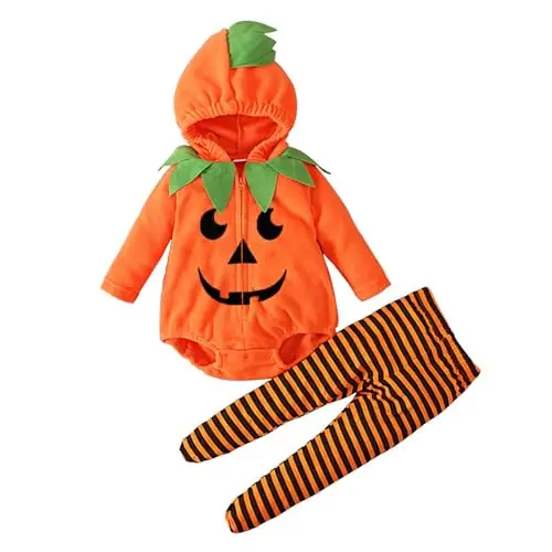Halloween Set Neonato Pagliaccetto con Cappuccio Manica Lunga Zucca Pantaloni con Piedi A Righe Abbigliamento Autunno