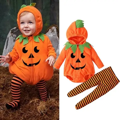 Halloween Set Neonato Pagliaccetto con Cappuccio Manica Lunga Zucca Pantaloni con Piedi A Righe Abbigliamento Autunno miniatura 2