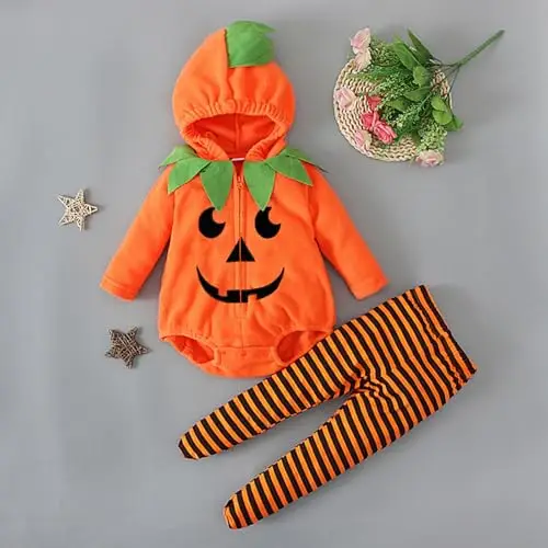 Halloween Set Neonato Pagliaccetto con Cappuccio Manica Lunga Zucca Pantaloni con Piedi A Righe Abbigliamento Autunno miniatura 3