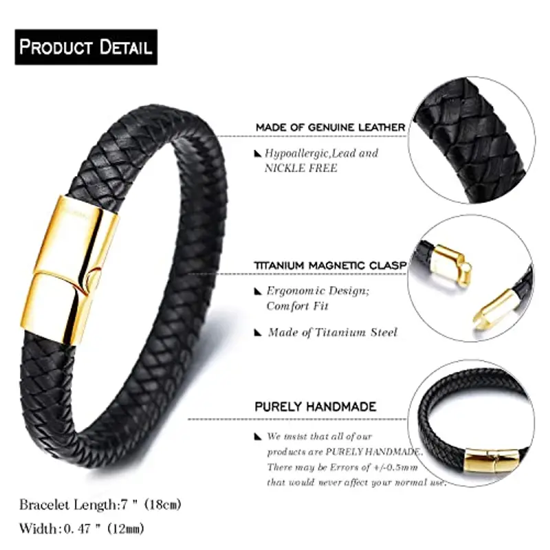 HALUKAKAH Bambini ? Assolo Junior ? Bracciale Ragazzo Maschio in Vera Pelle Cuoio Classico Nero 6-12 Anni Chiusura Magnetica d'oro in Titanio Acciaio 7"(18cm) con Pacco Regalo Gratuita … miniatura 2