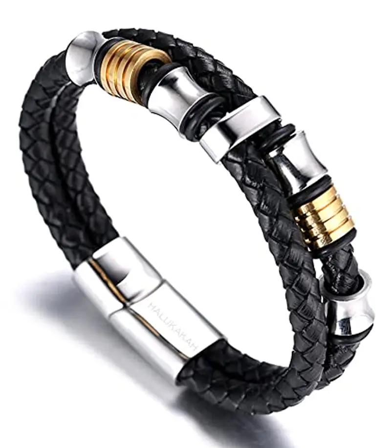 HALUKAKAH Bambini ? Assolo Junior ? Bracciale Ragazzo Maschio in Vera Pelle Cuoio Nero 6-12 Anni Perle in Argento&Oro Titanio Acciaio Chiusura Magnetica 18cm con Pacco Regalo Gratuita