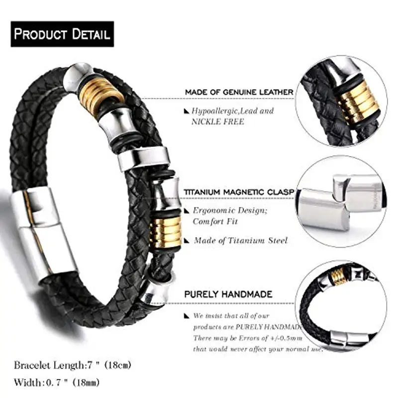 HALUKAKAH Bambini ? Assolo Junior ? Bracciale Ragazzo Maschio in Vera Pelle Cuoio Nero 6-12 Anni Perle in Argento&Oro Titanio Acciaio Chiusura Magnetica 18cm con Pacco Regalo Gratuita miniatura 2